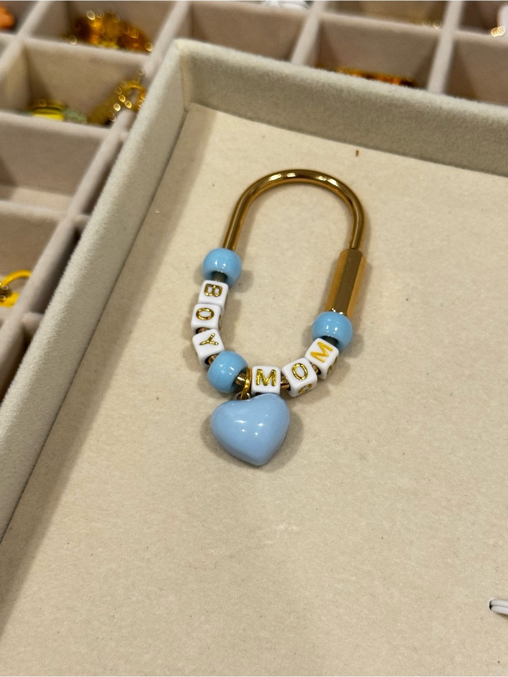 Boy Mom Gold Carabiner Charm with Blue Heart and Letter Beads